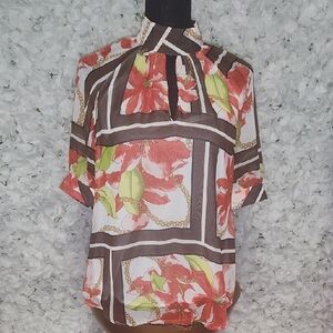 New York & Company Brown and Pink Boxy Blouse with Mandarin Collar